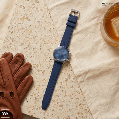 Blue Smooth Rubber Watch Strap on Blancpain Air Command AC02 Flyback Chronograph Blue Dial