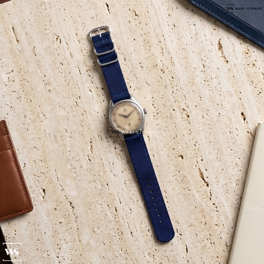 Blue Solid Plain Nylon Watch Strap on Omega 2639 Vintage Subsecond Two Tone Dial Dress Watch