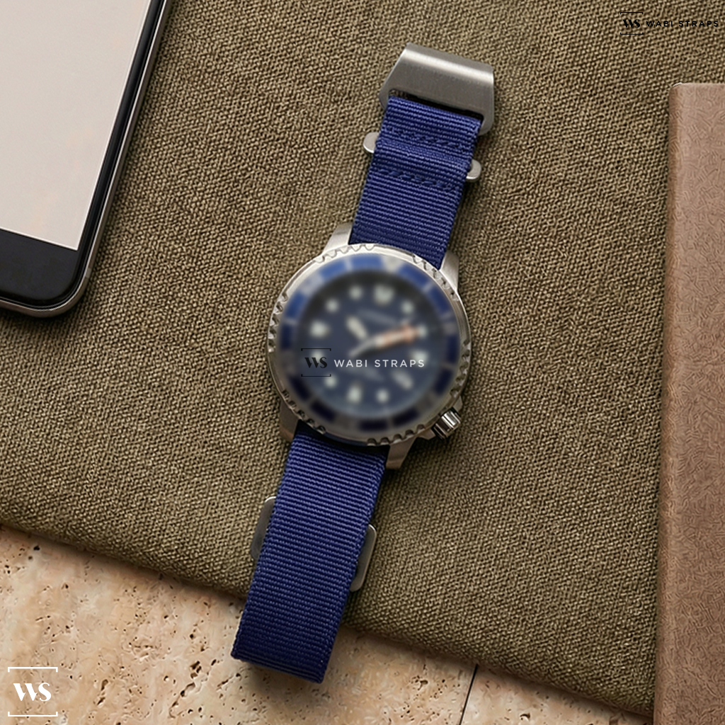 Blue Basic Nylon Watch Strap on Citizen Promaster Dive Eco-Drive