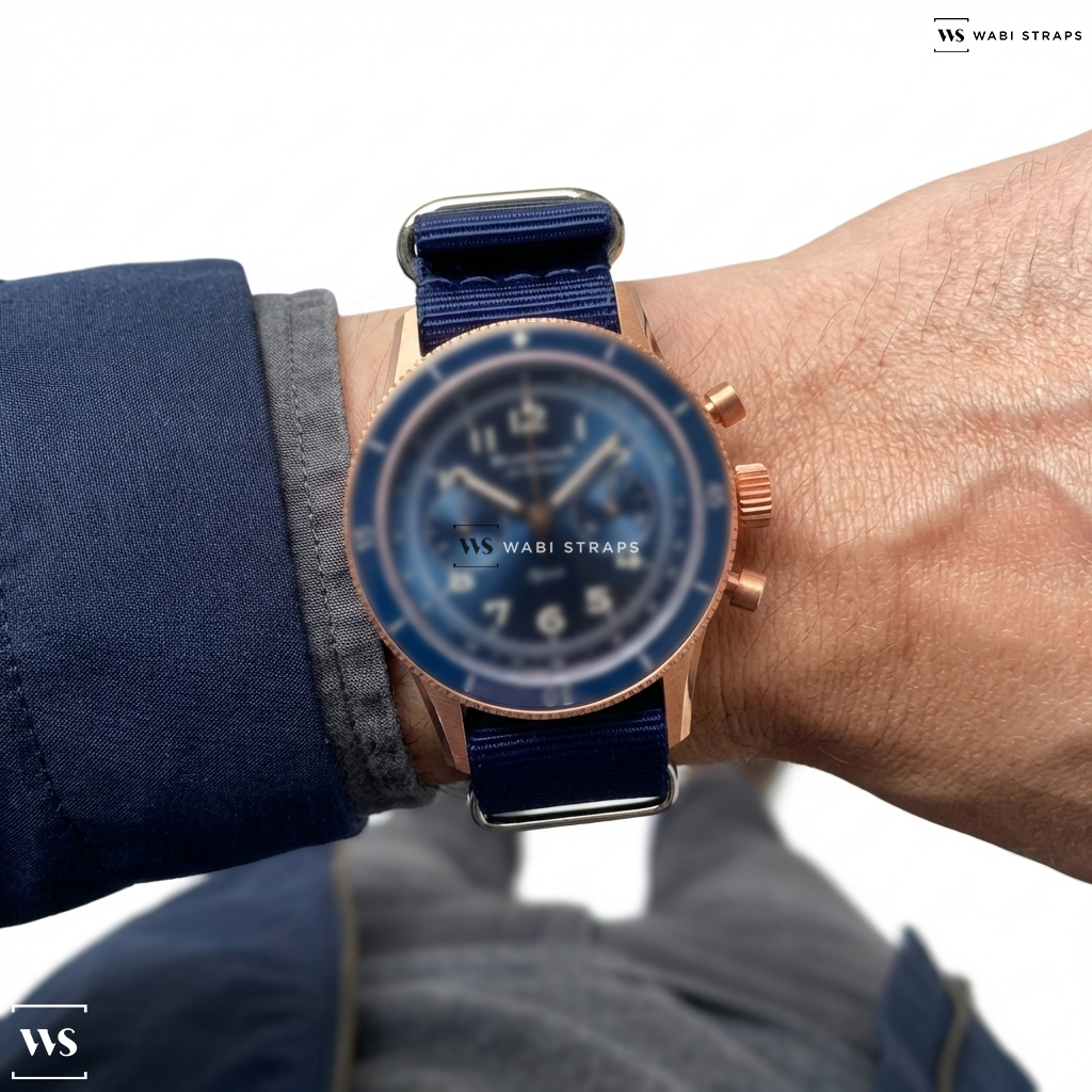 Blue Solid Plain Nylon Watch Strap on Blancpain Air Command Flyback Chronograph