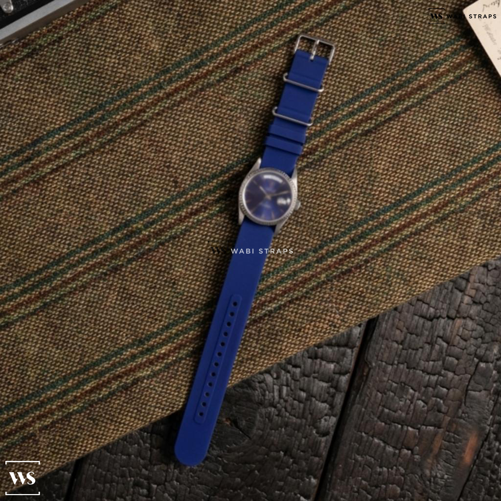 Blue Textured Matte Rubber Watch Strap on Tudor Oyster Day-Date Blue Dial