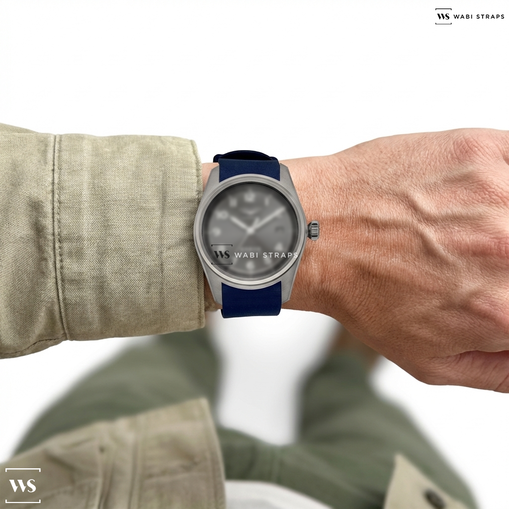 Blue Textured Matte Rubber Watch Strap on Longines Admiral Chronometer Automatic