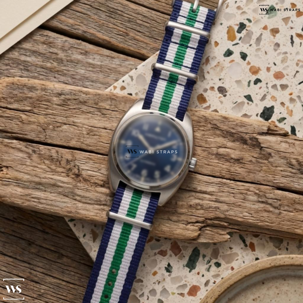 Blue/Green/White 5 Stripes Nylon Watch Strap on Hamilton Khaki Aviation Pilot Pioneer Mechanical