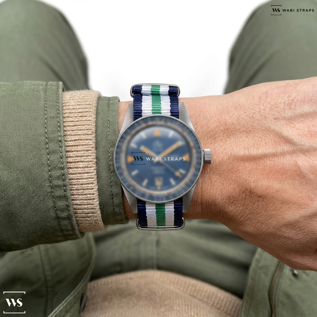 Blue/Green/White 5 Stripes Nylon Watch Strap on Ollech & Wajs OCEAN GRAPH Automatic Watch