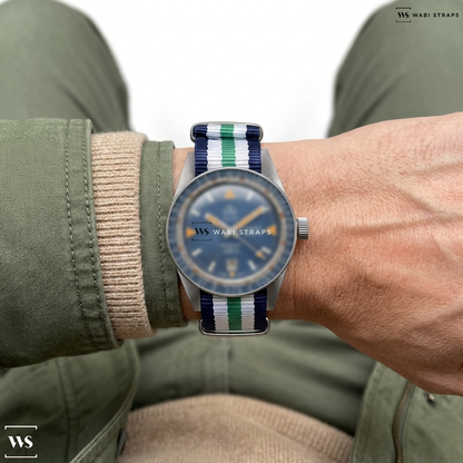 Blue/Green/White 5 Stripes Nylon Watch Strap on Ollech & Wajs OCEAN GRAPH Automatic Watch
