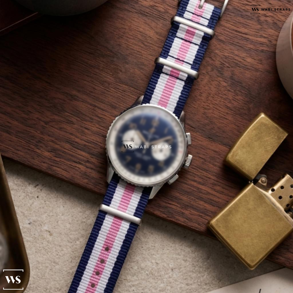 Blue/Pink/White 5 Stripes Nylon Watch Strap on Breitling Premier B01 Chronograph 42 Norton