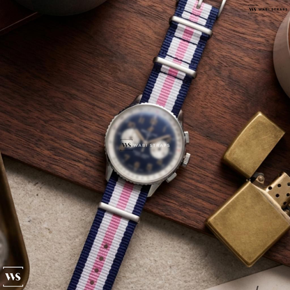 Blue/Pink/White 5 Stripes Nylon Watch Strap on Breitling Premier B01 Chronograph 42 Norton