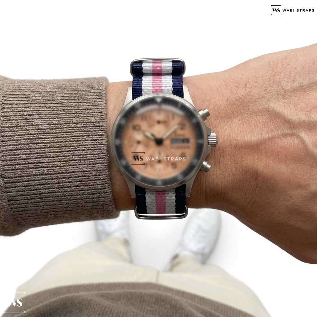 Blue/Pink/White 5 Stripes Nylon Watch Strap on Sinn Uhren: Modell 356 Sa PILOT II