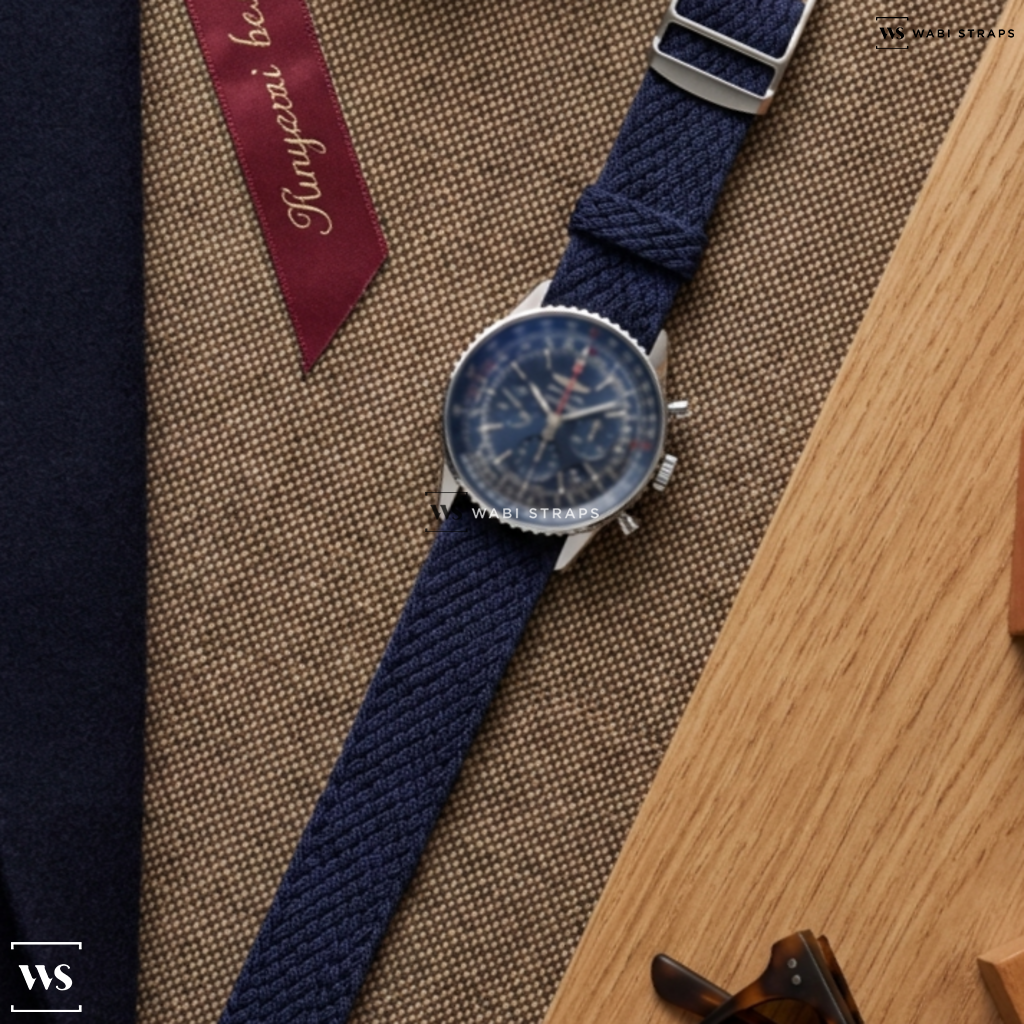 Blue Solid Plain Nylon Watch Strap on Breitling Bentley B05 Unitime