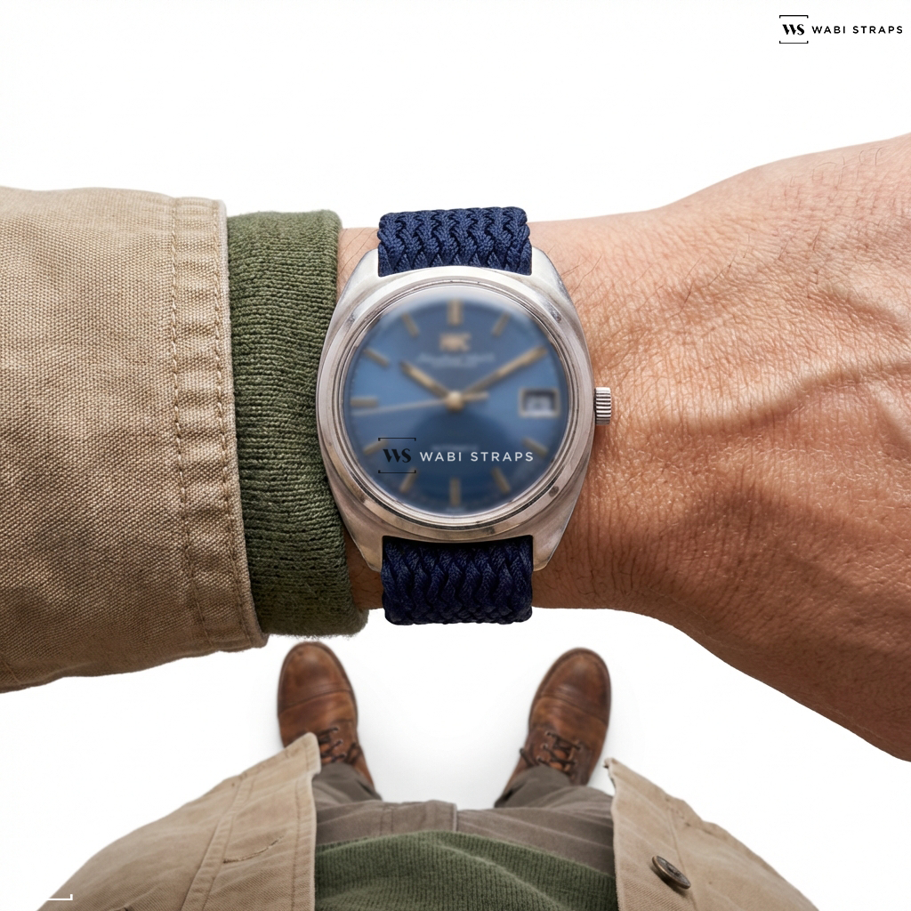 Blue Solid Plain Nylon Watch Strap on IWC blue automatic dial