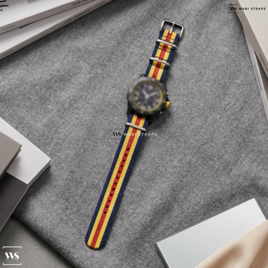Blue/Red/Yellow 5 Stripes Nylon Watch Strap on Breitling Endurance Pro Yellow