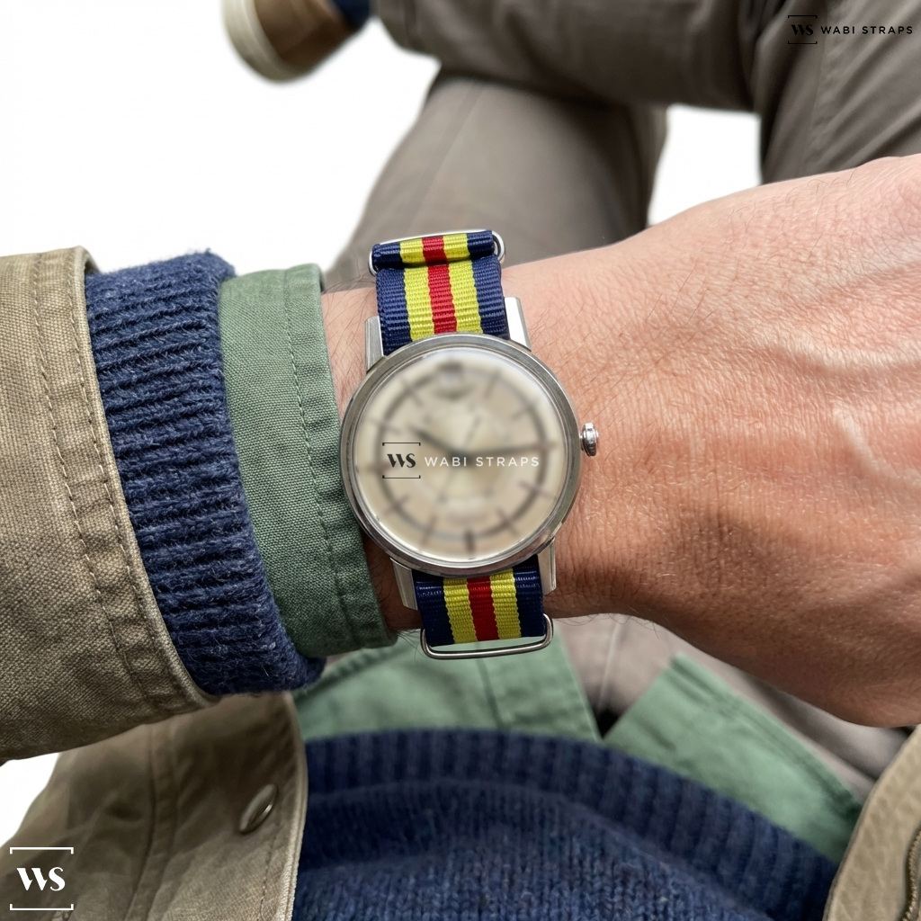 Blue/Red/Yellow 5 Stripes Nylon Watch Strap on 1965 Longines Conquest Power Reserve