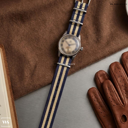Beige/Blue 5 Stripes Nylon Watch Strap on Vintage LIP Parechoc Tuxedo Dial