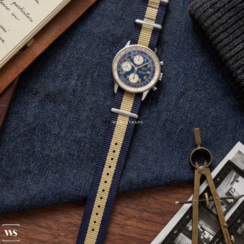 Beige/Blue 3 Stripes Nylon Watch Strap on Breitling Navitimer 41mm A13022