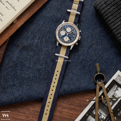 Beige/Blue 3 Stripes Nylon Watch Strap on Breitling Navitimer 41mm A13022