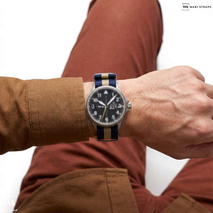 Beige/Blue 3 Stripes Nylon Watch Strap on Damasko Timeless DB1