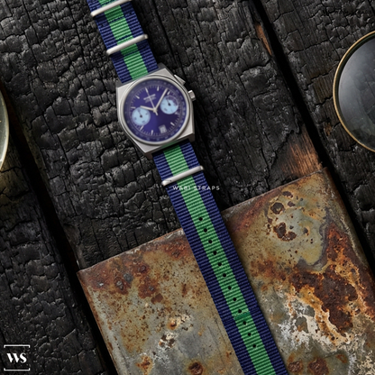 Blue/Green 3 Stripes Nylon Watch Strap on Bamford Titaniium B347 Aqua Blue