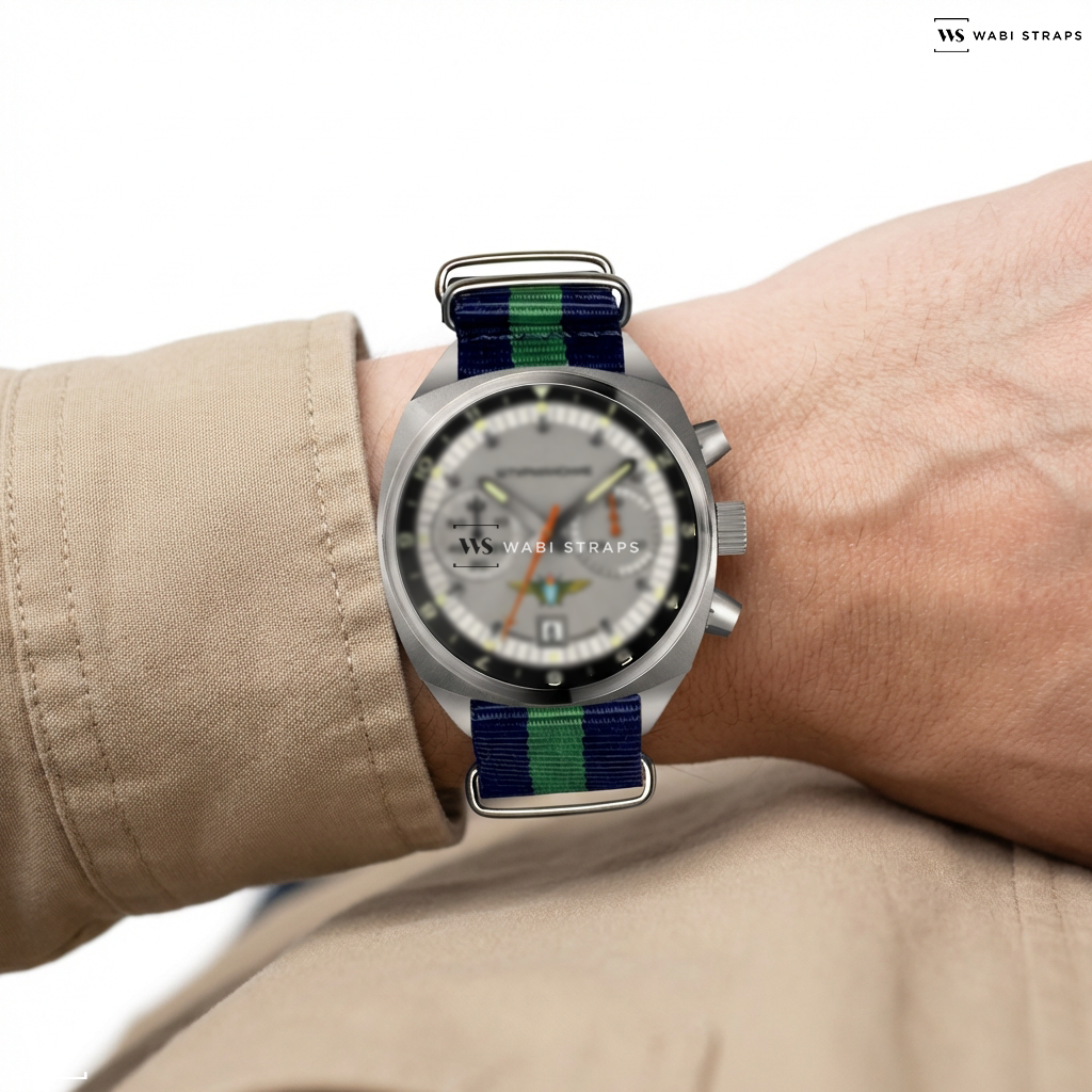 Blue/Green 3 Stripes Nylon Watch Strap on Sturmanskie Volmax Strela Chronograph handwinding Poljot 3133