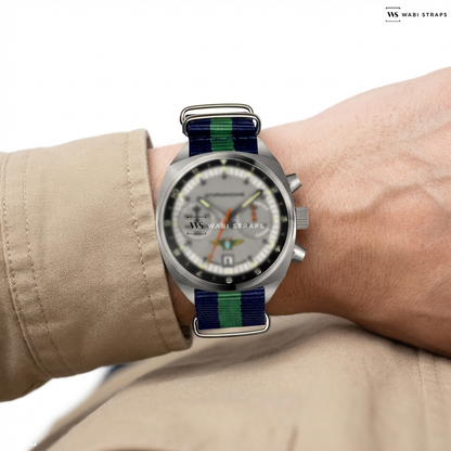 Blue/Green 3 Stripes Nylon Watch Strap on Sturmanskie Volmax Strela Chronograph handwinding Poljot 3133