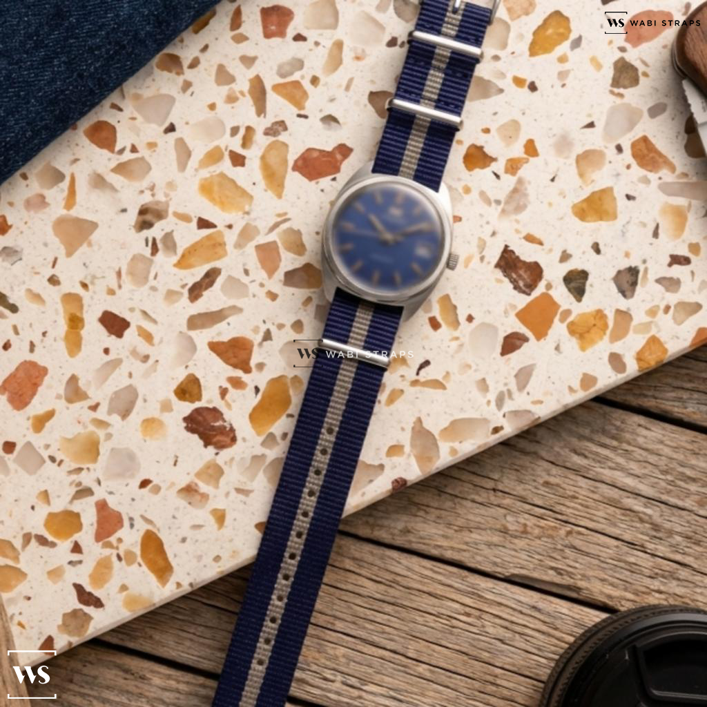 Blue/Grey 2 Thick 1 Thin Stripe Nylon Watch Strap on IWC Vintage Dress Watch Blue Dial
