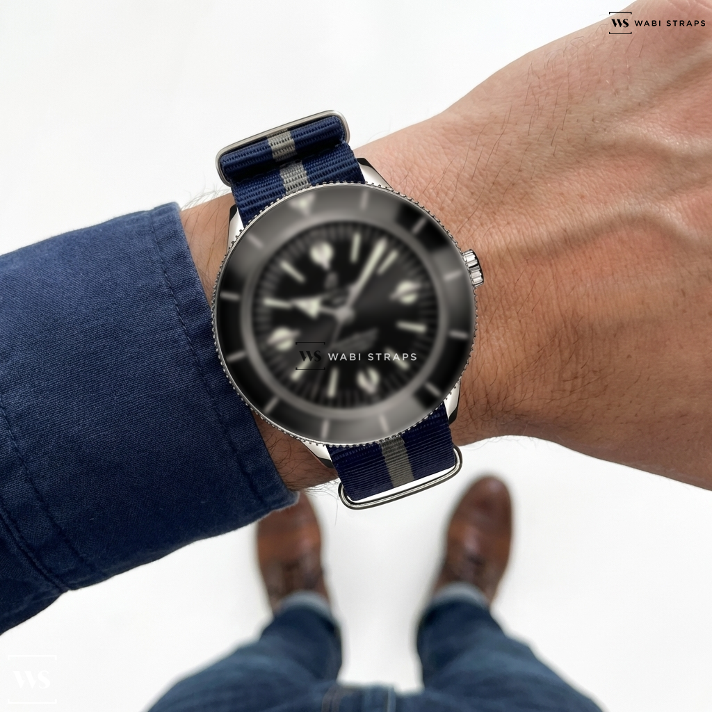 Blue/Grey 2 Thick 1 Thin Stripe Nylon Watch Strap on Superocean Heritage '57 Stainless steel