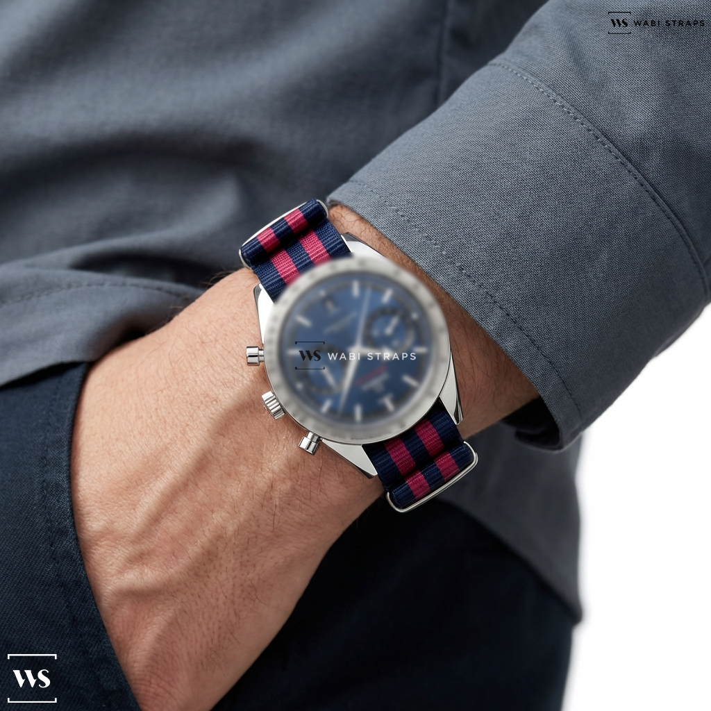 Blue/Pink 5 Stripes Nylon Watch Strap on Omega Speedmaster 57 Co Axial Master Chronometer Chronograph