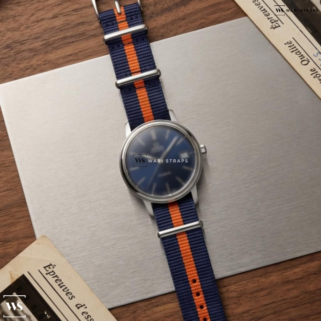 Blue/Orange 2 Thick 1 Thin Stripe Nylon Watch Strap on Omega Geneve Automatic Blue Dial