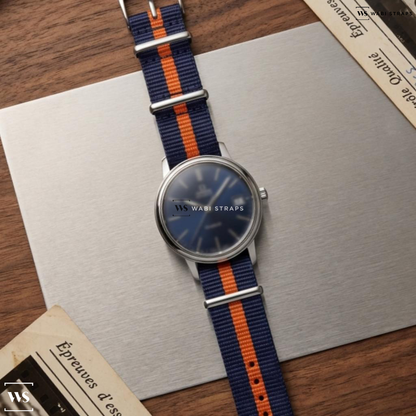 Blue/Orange 2 Thick 1 Thin Stripe Nylon Watch Strap on Omega Geneve Automatic Blue Dial