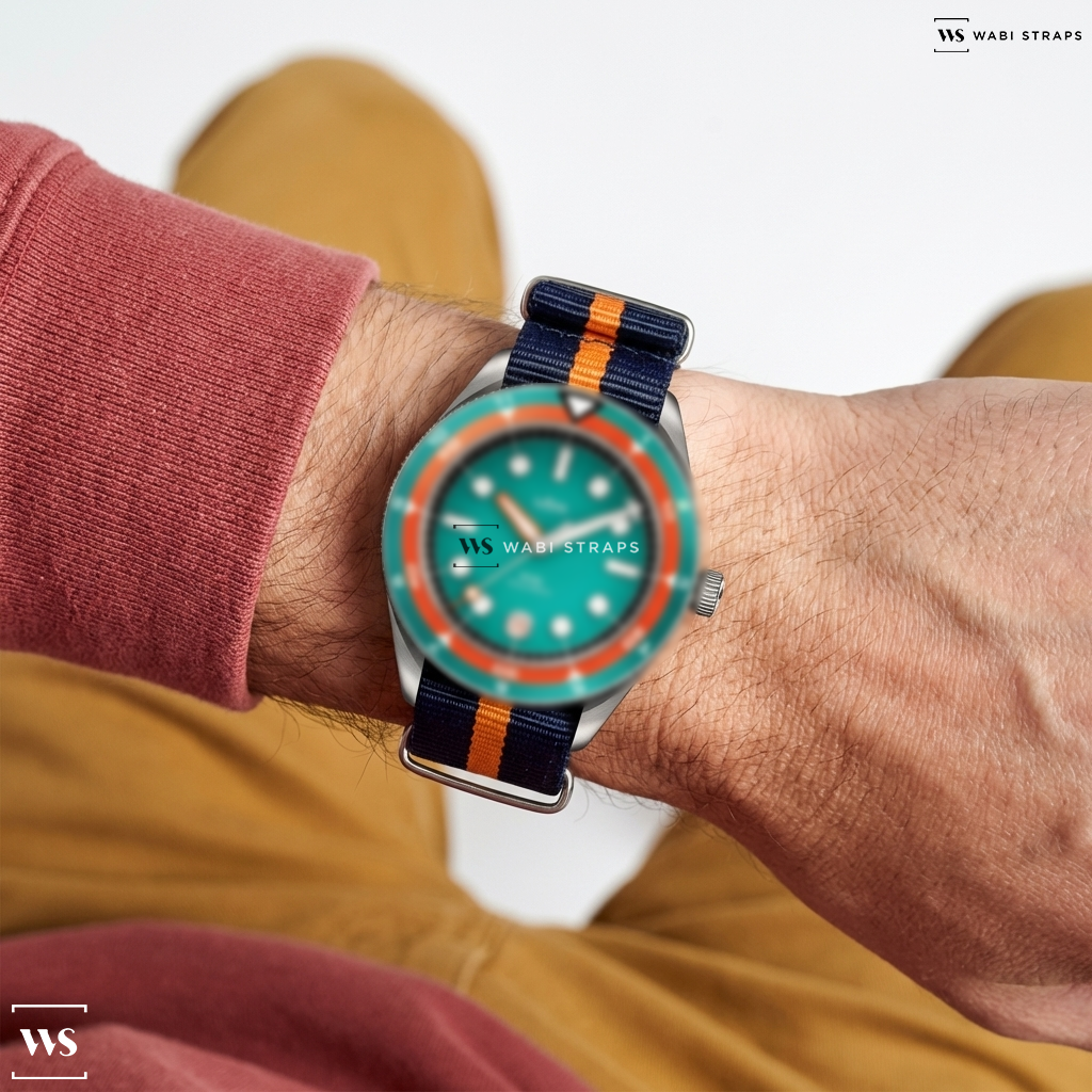 Blue/Orange 2 Thick 1 Thin Stripe Nylon Watch Strap on UBIQ Watch DUAL - SEASET