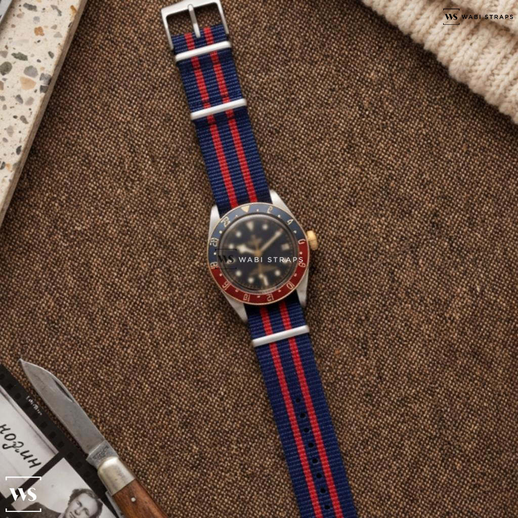 Blue/Red 5 Stripes Nylon Watch Strap on Tudor Black Bay 58 GMT Coke