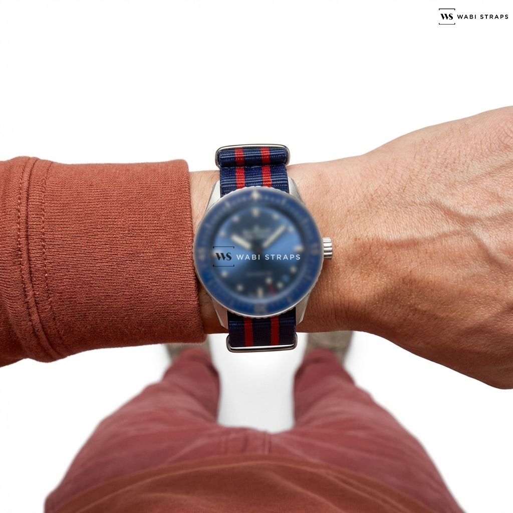 Blue/Red 5 Stripes Nylon Watch Strap on Blancpain Fifty Fathoms Bathyscaphe Blue Dial