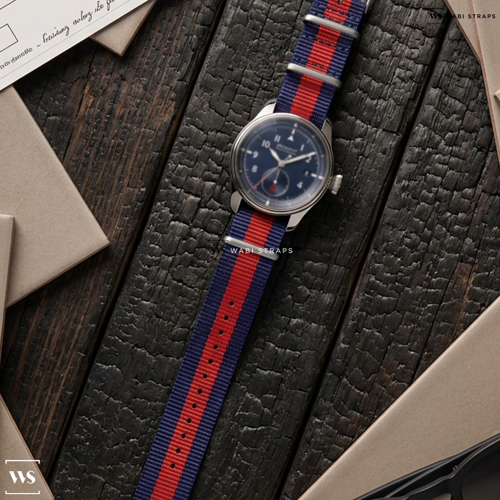 Blue/Red 3 Stripes Nylon Watch Strap on Bremont Fury Blue Dial