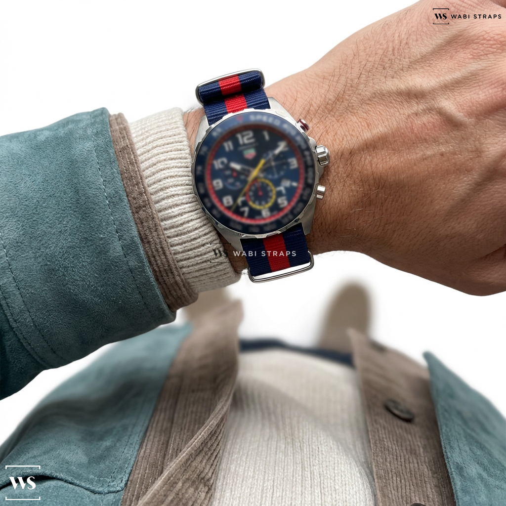 Blue/Red 3 Stripes Nylon Watch Strap on Tag Heuer Formula 1 Chronograph X Red Bull