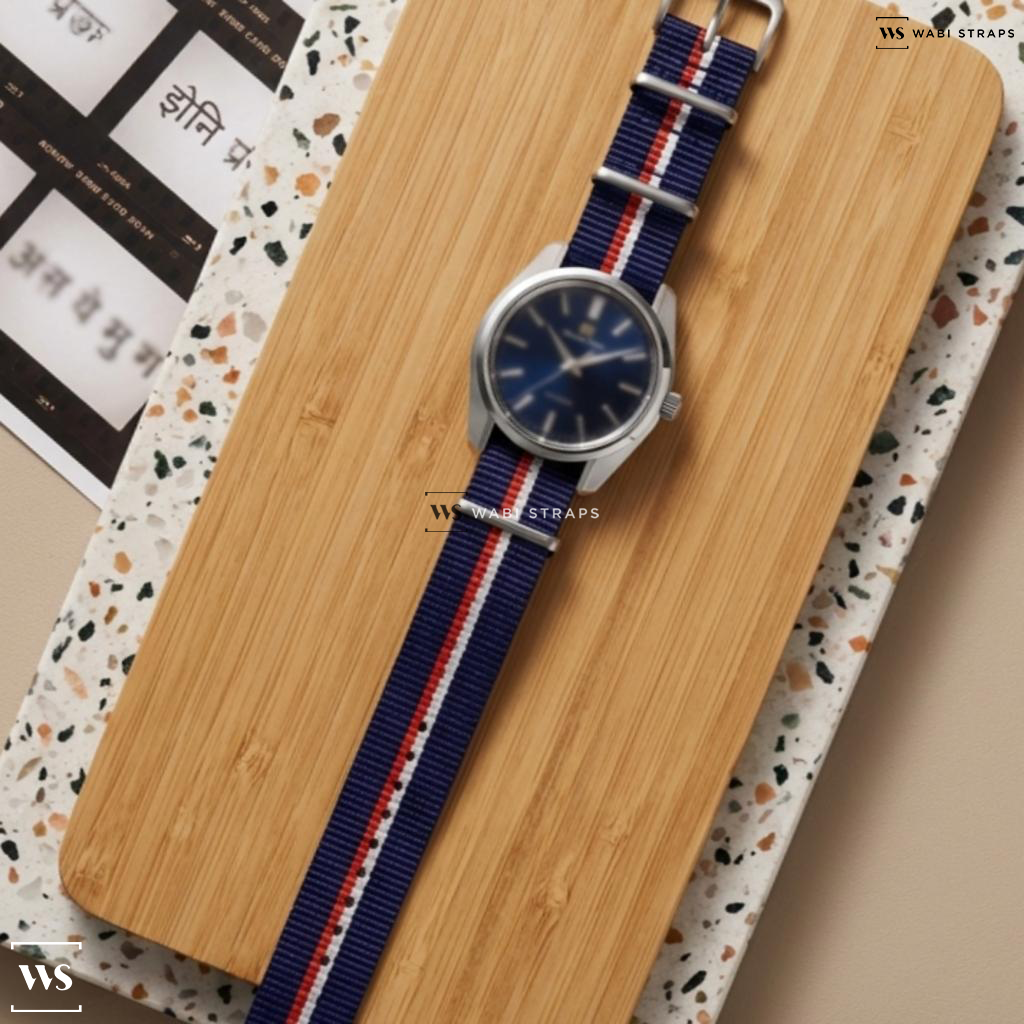 Blue/Red 2 Thick 1 Thin Stripe Nylon Watch Strap on Grand Seiko Heritage Collection Tsuki Tenshin 44GS