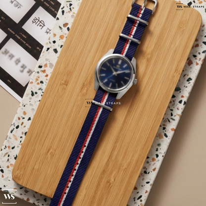 Blue/Red 2 Thick 1 Thin Stripe Nylon Watch Strap on Grand Seiko Heritage Collection Tsuki Tenshin 44GS