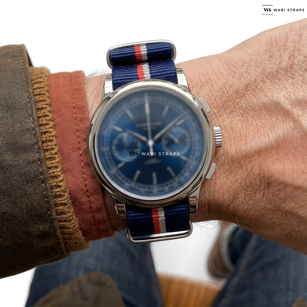 Blue/Red 2 Thick 1 Thin Stripe Nylon Watch Strap on Heritage Chronograph Demande Spéciale V