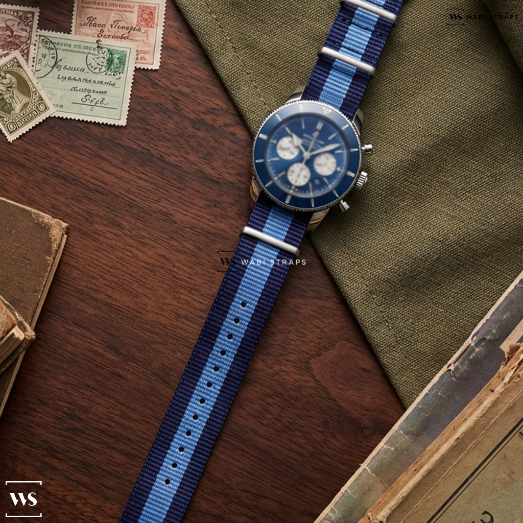 Blue 3 Stripes Nylon Watch Strap on Breitling Superocean B01 Heritage 2 Chronograph Blue