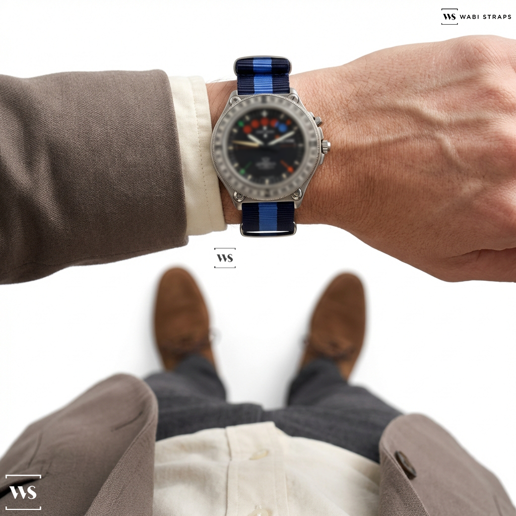 Blue 3 Stripes Nylon Watch Strap on Lemania Elvstrom Regatta Racing