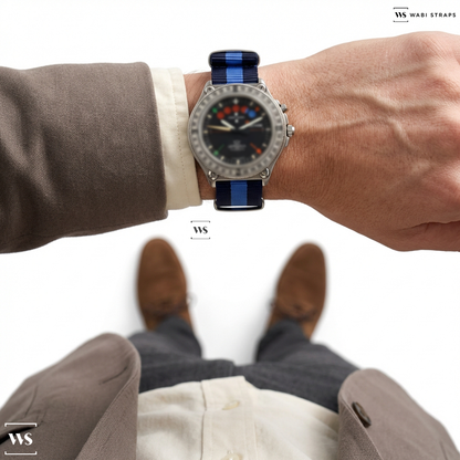 Blue 3 Stripes Nylon Watch Strap on Lemania Elvstrom Regatta Racing