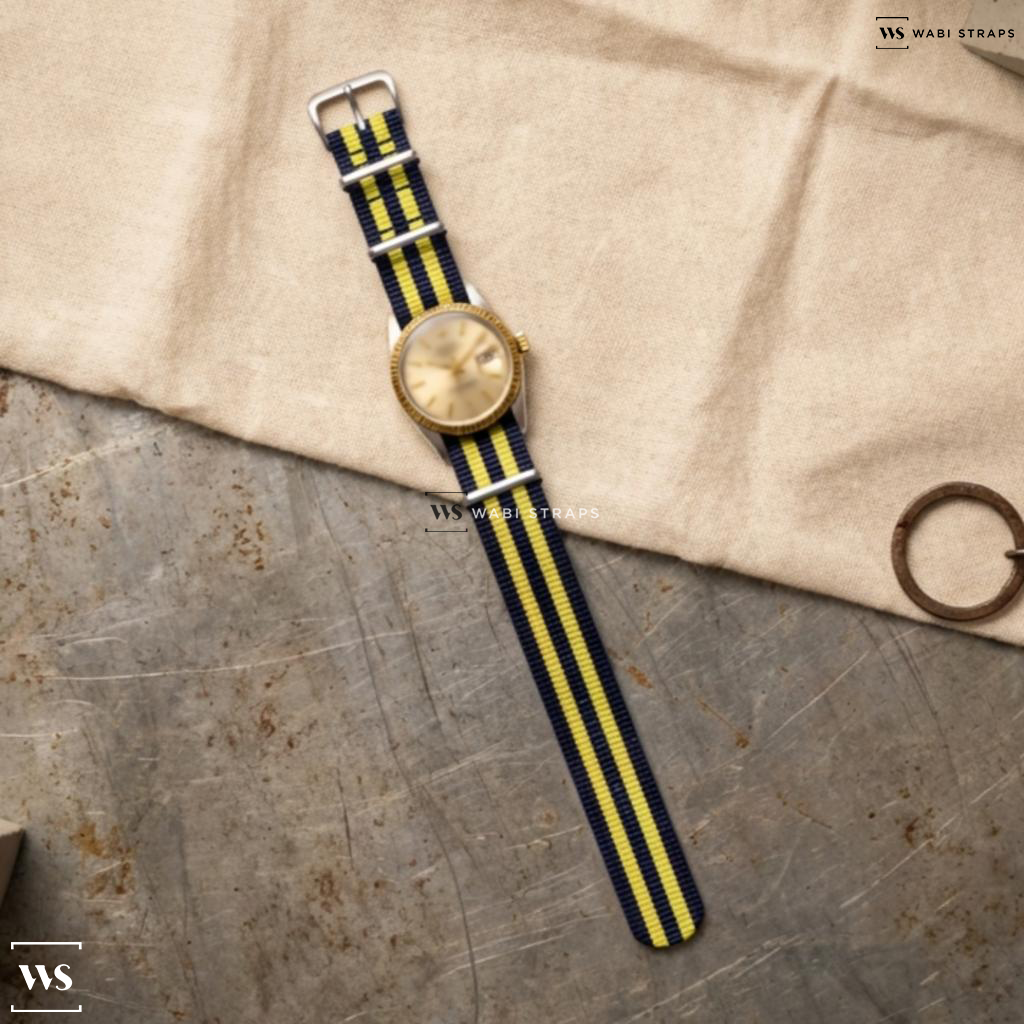 Blue/Yellow 5 Stripes Nylon Watch Strap on Rolex Oyster Perpetual Datejust 1600 TT Smooth Bezel