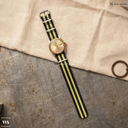 Blue/Yellow 5 Stripes Nylon Watch Strap on Rolex Oyster Perpetual Datejust 1600 TT Smooth Bezel