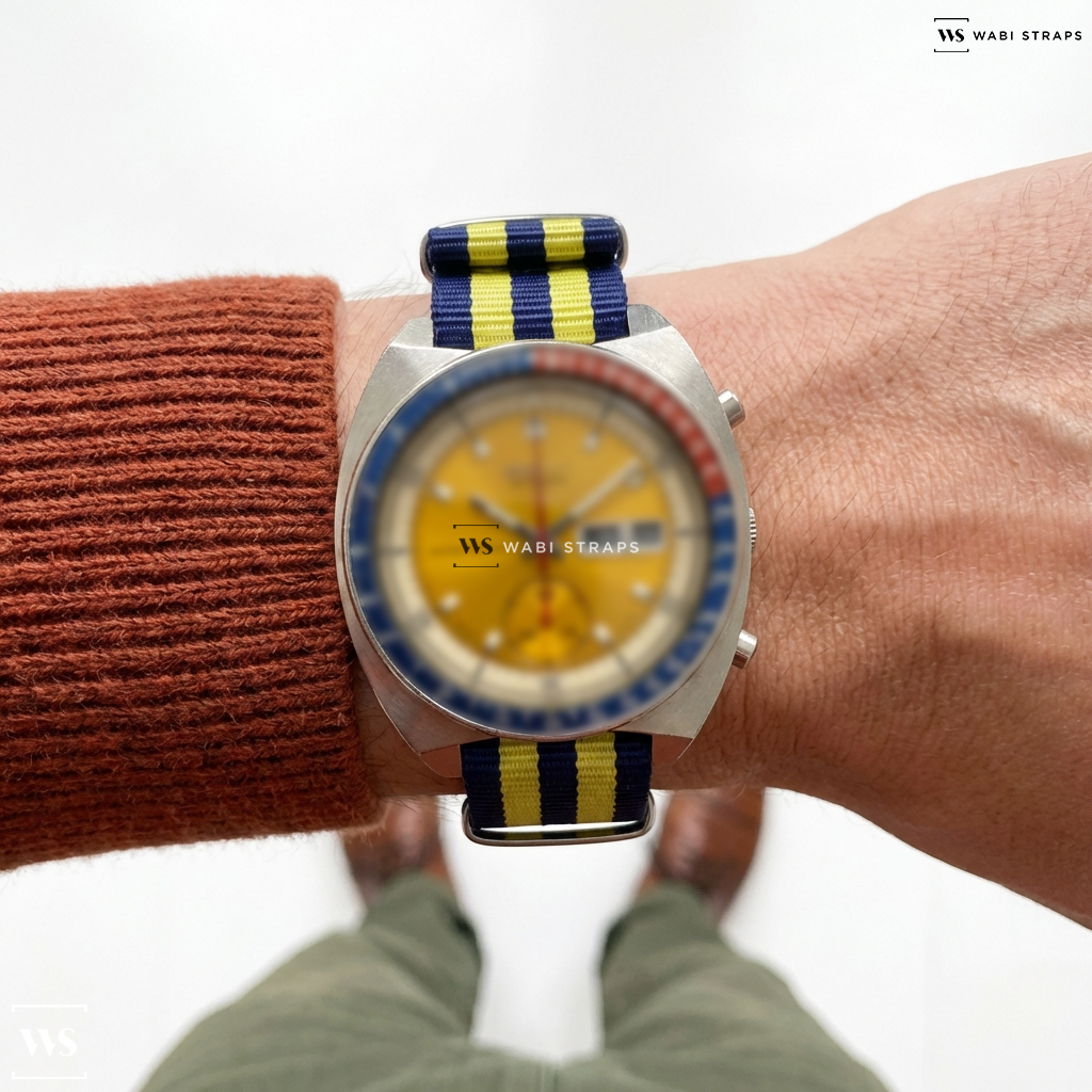 Blue/Yellow 5 Stripes Nylon Watch Strap on Seiko Pogue 6139 Chronograph
