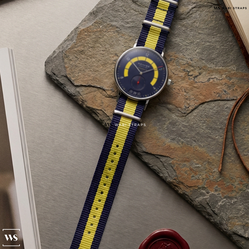 Blue/Yellow 3 Stripes Nylon Watch Strap on Nomos Glashutte Autombahn Director's Cut A7