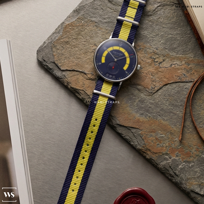 Blue/Yellow 3 Stripes Nylon Watch Strap on Nomos Glashutte Autombahn Director's Cut A7