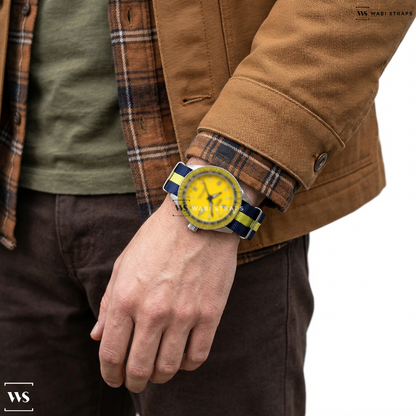 Blue/Yellow 3 Stripes Nylon Watch Strap on Vintage Jenny Yellow Dial Caribbean HRV Diver