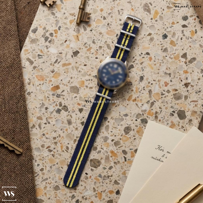Blue/Yellow 2 Thick 3 Thin Stripes Nylon Watch Strap on Omega Seamaster 300m Two Tone Ceramic Bezel 18k ZrO2