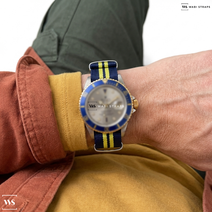 Blue/Yellow 2 Thick 3 Thin Stripes Nylon Watch Strap on Rolex Submariner “Serti”