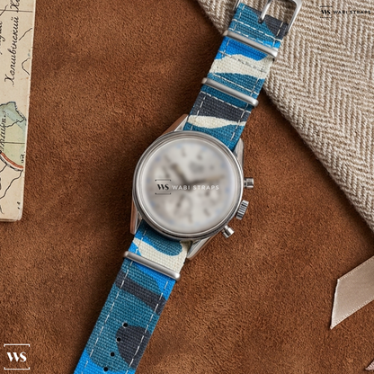 Blue/White Tactical Camouflage Canvas Watch Strap on Heuer Carrera Reedition 1964