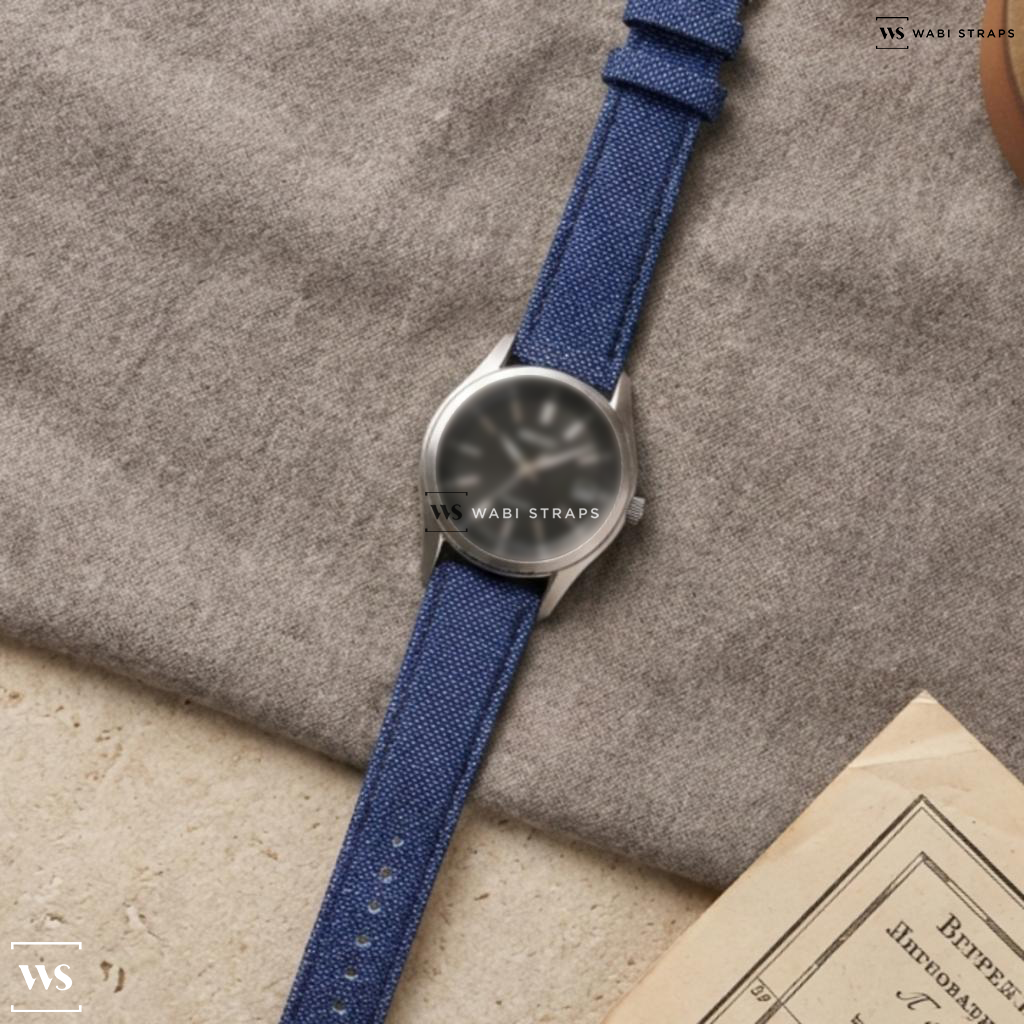 Blue Denim Leather Watch Strap on Seiko Dolce & Exceline Quartz Black Dial Titanium Men's Watch