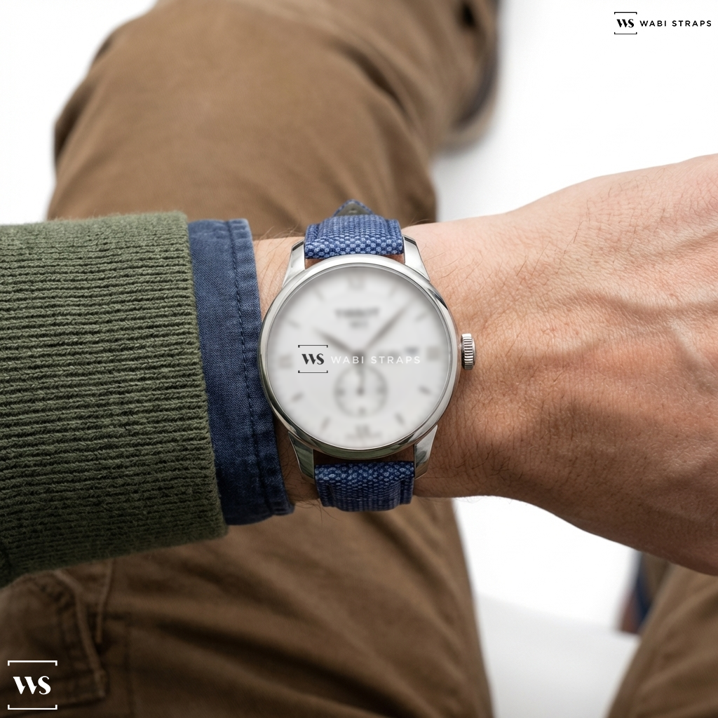 Blue Denim Leather Watch Strap on Tissot Le Locle Automatic Petite Seconde Automatic Silver Dial Men's Watch
